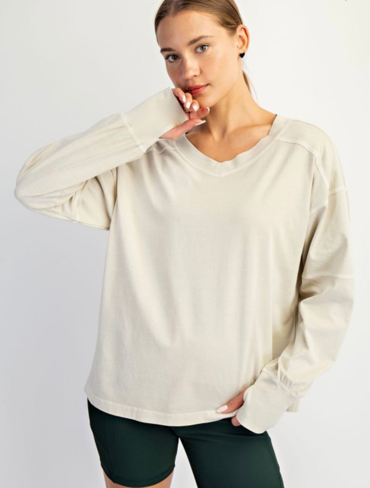 Pigment Washed V Neck Long Sleeve