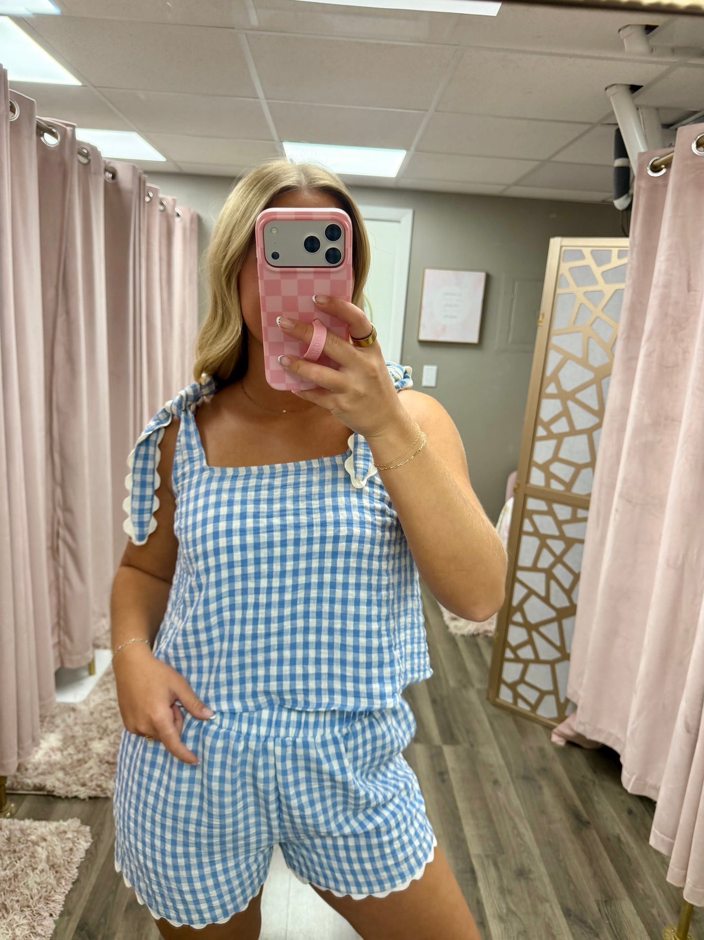 Gingham Square Neck Top
