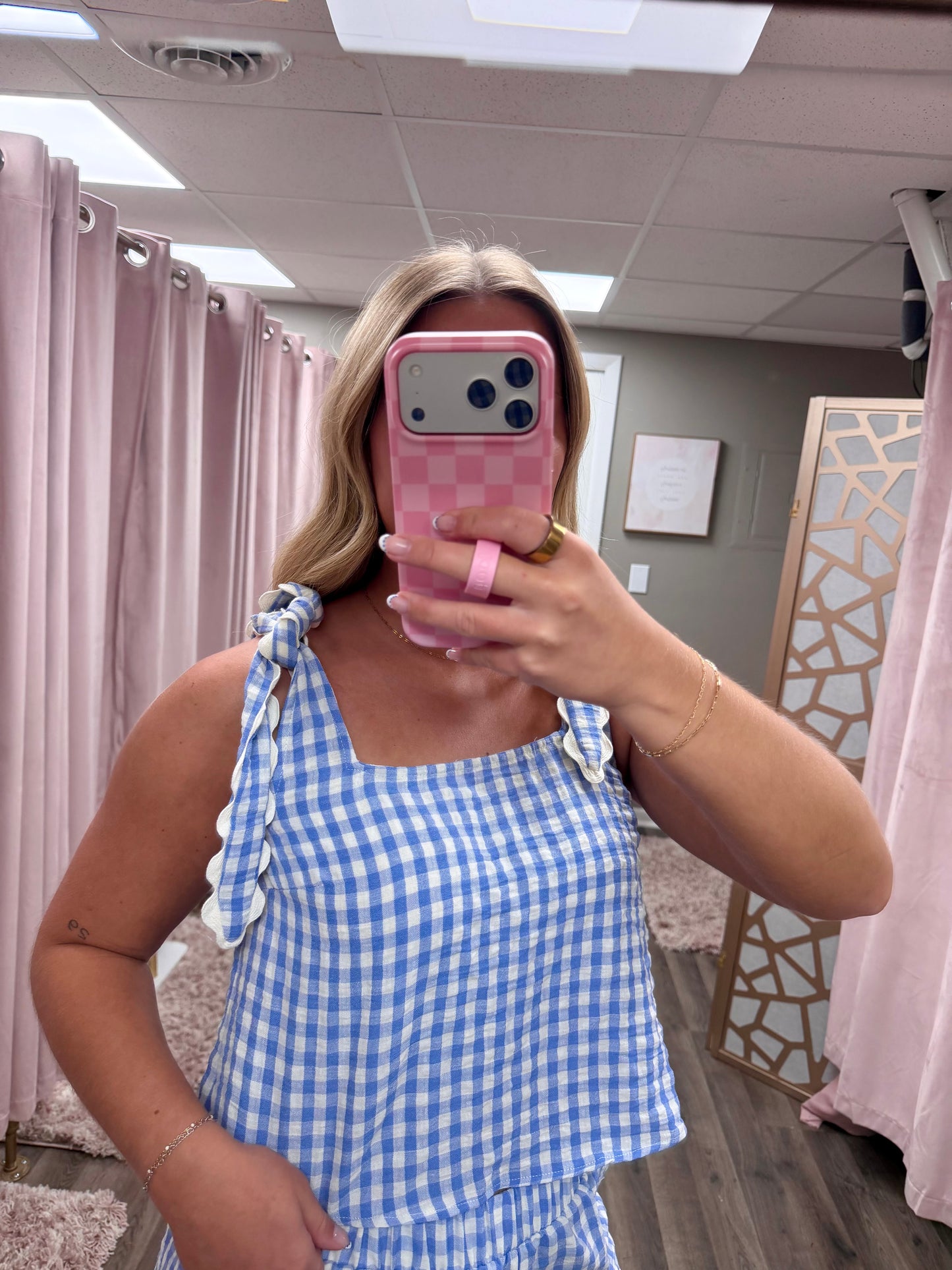 Gingham Square Neck Top