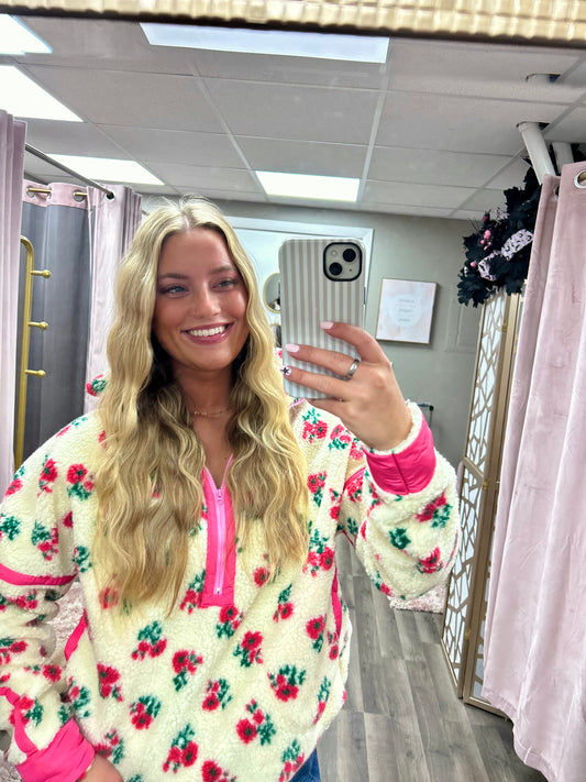 Rose Fleece Floral Half Zip Jacket