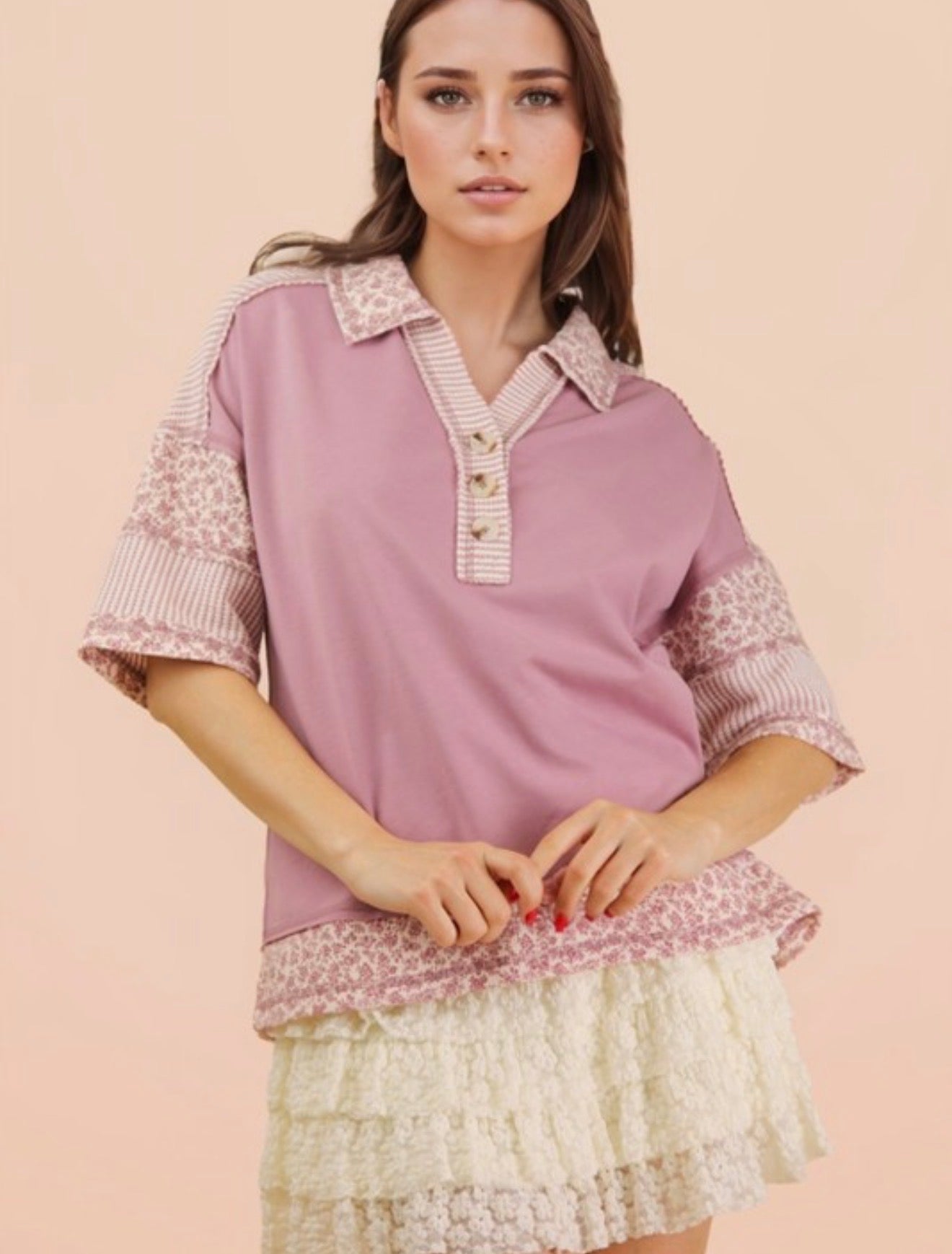 Oversized Collared Half Button Top
