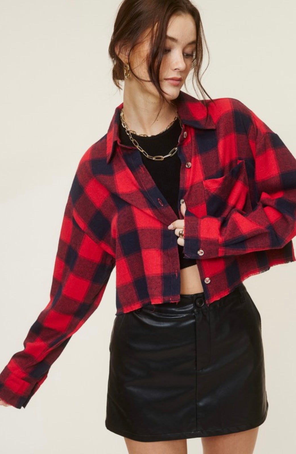 Cropped Plaid Raw Hem Top