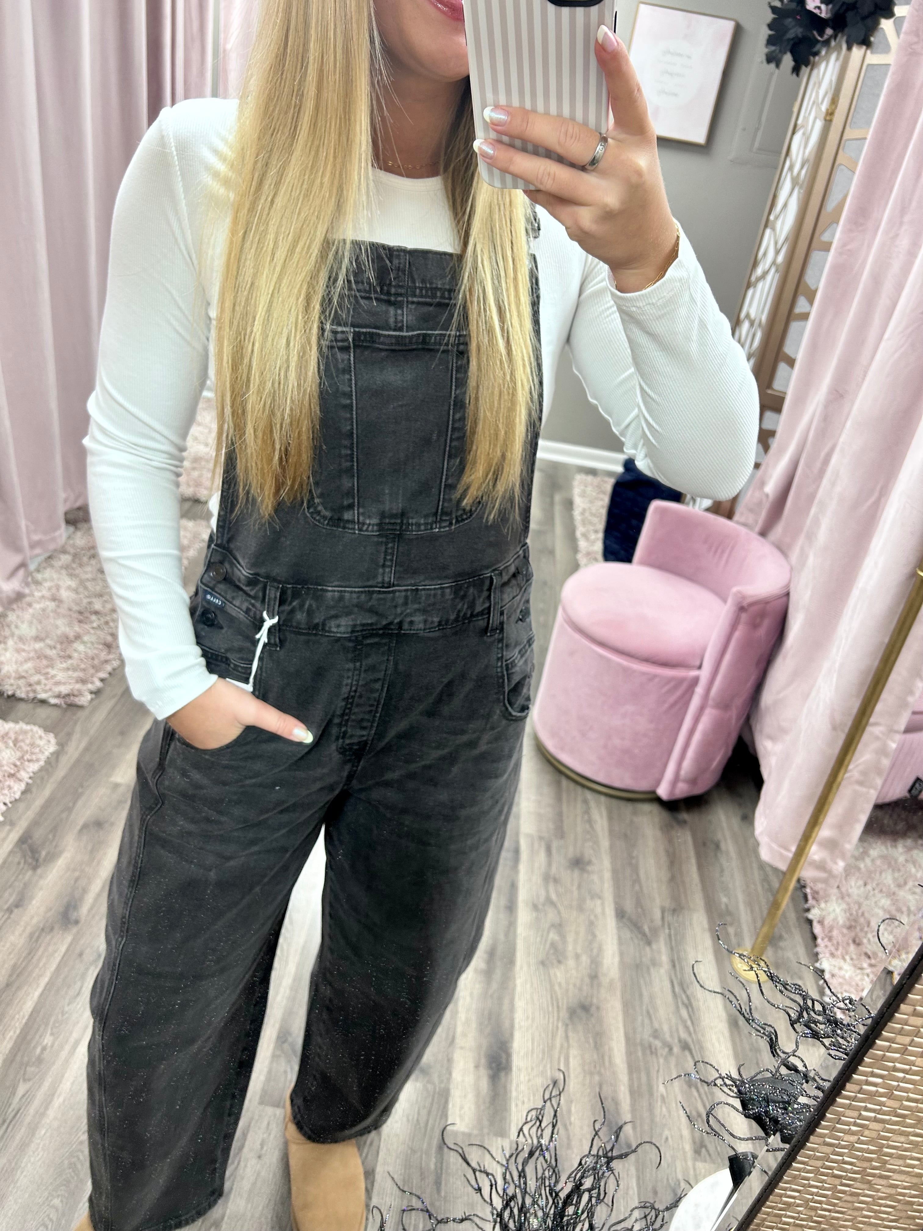 Cello Black Mid Waisted Barrel Overalls