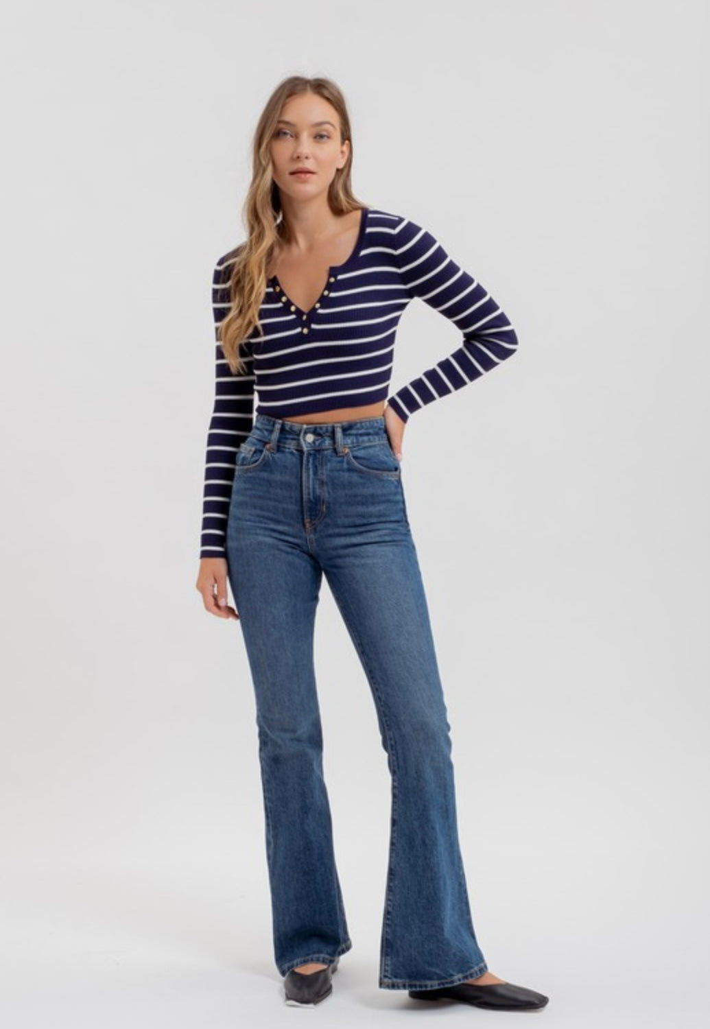 Stripe Henley Knit Crop Top