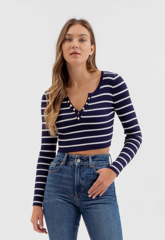 Stripe Henley Knit Crop Top