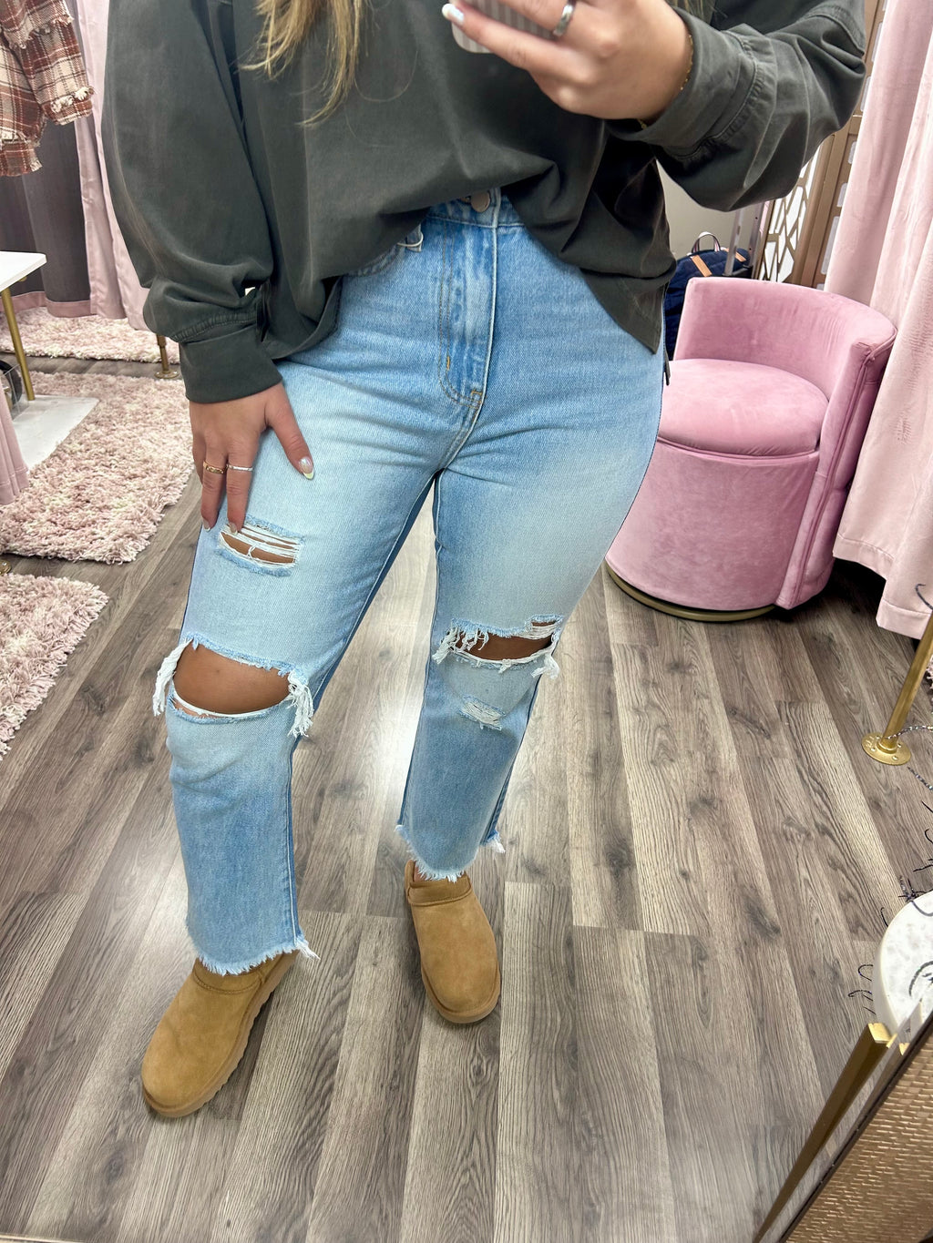 Bayeas Distressed High Rise Straight Leg Jean