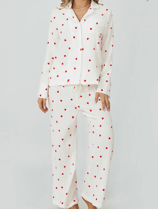 Heart Print Button Down Pj Set