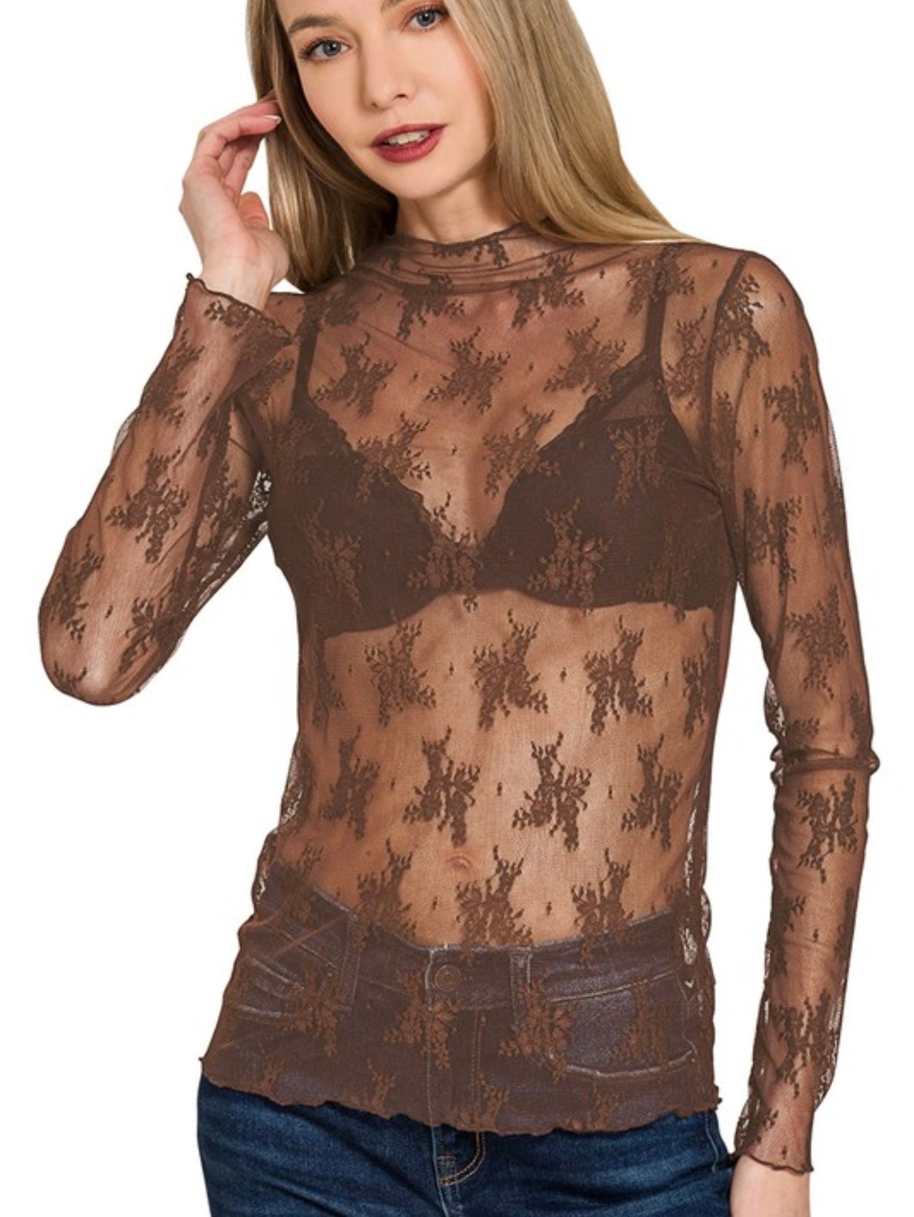 Sheer Mesh Lace Long Sleeve Top