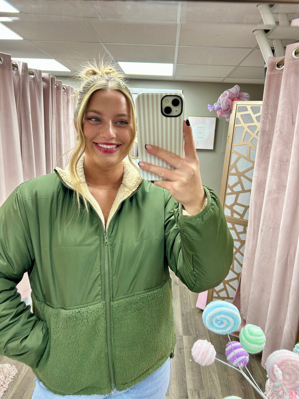 Fleece Block Zip Up Coat