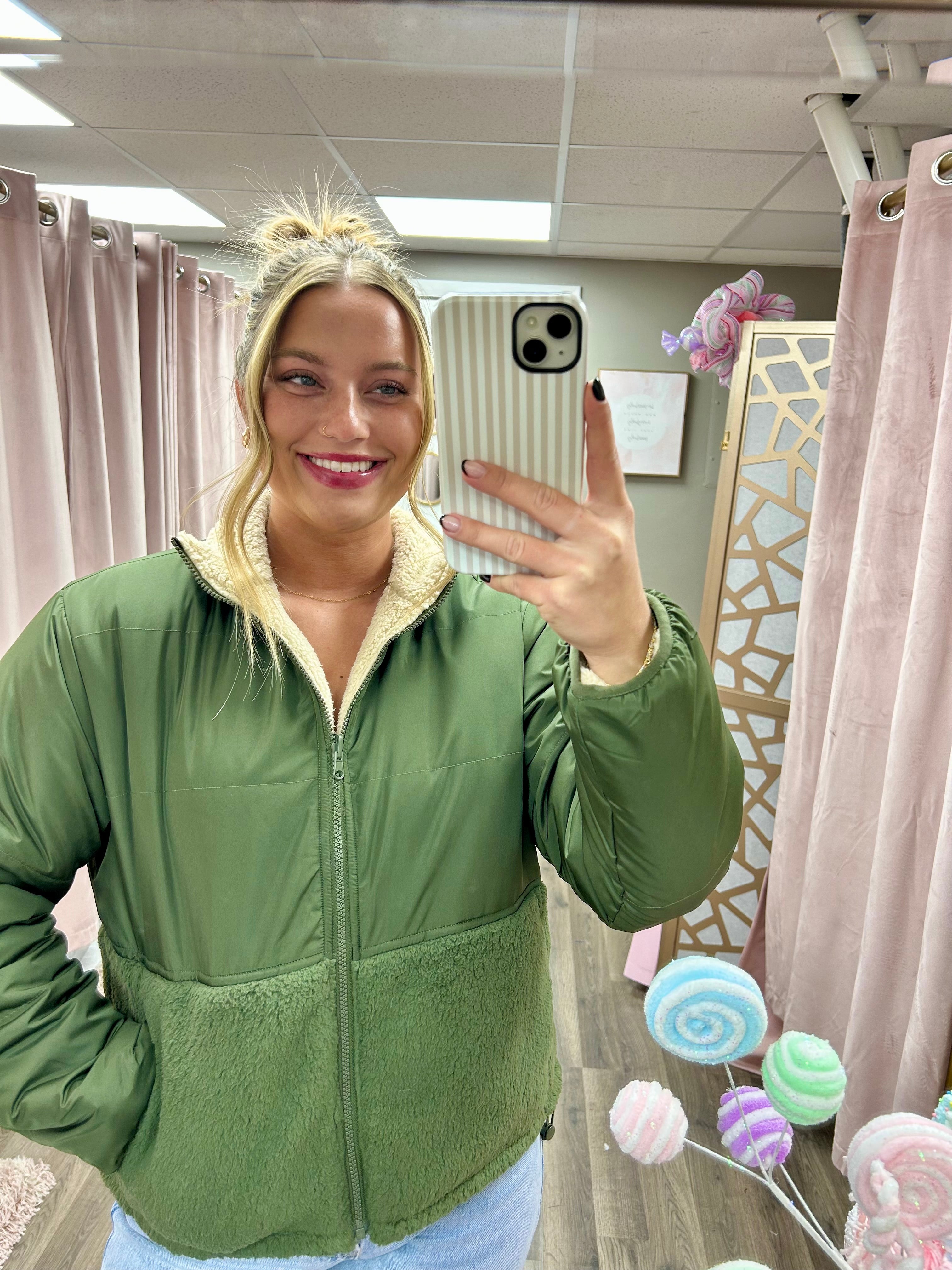 Fleece Block Zip Up Coat