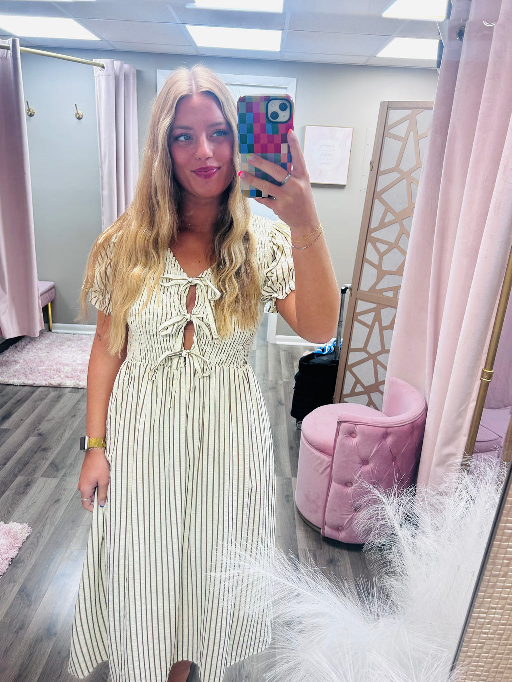 Stripe Bow Detail Smocking Dress