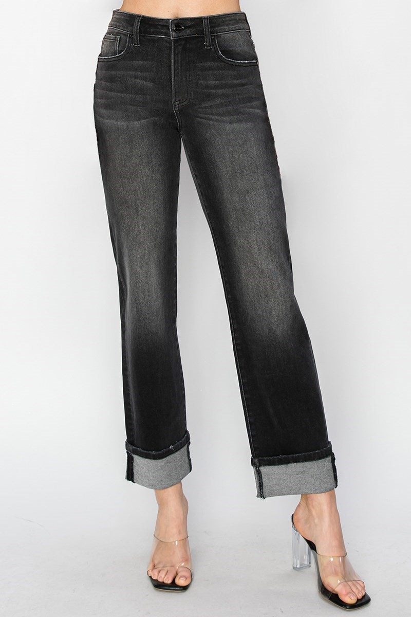 Risen High Rise Straight Cuff Jeans