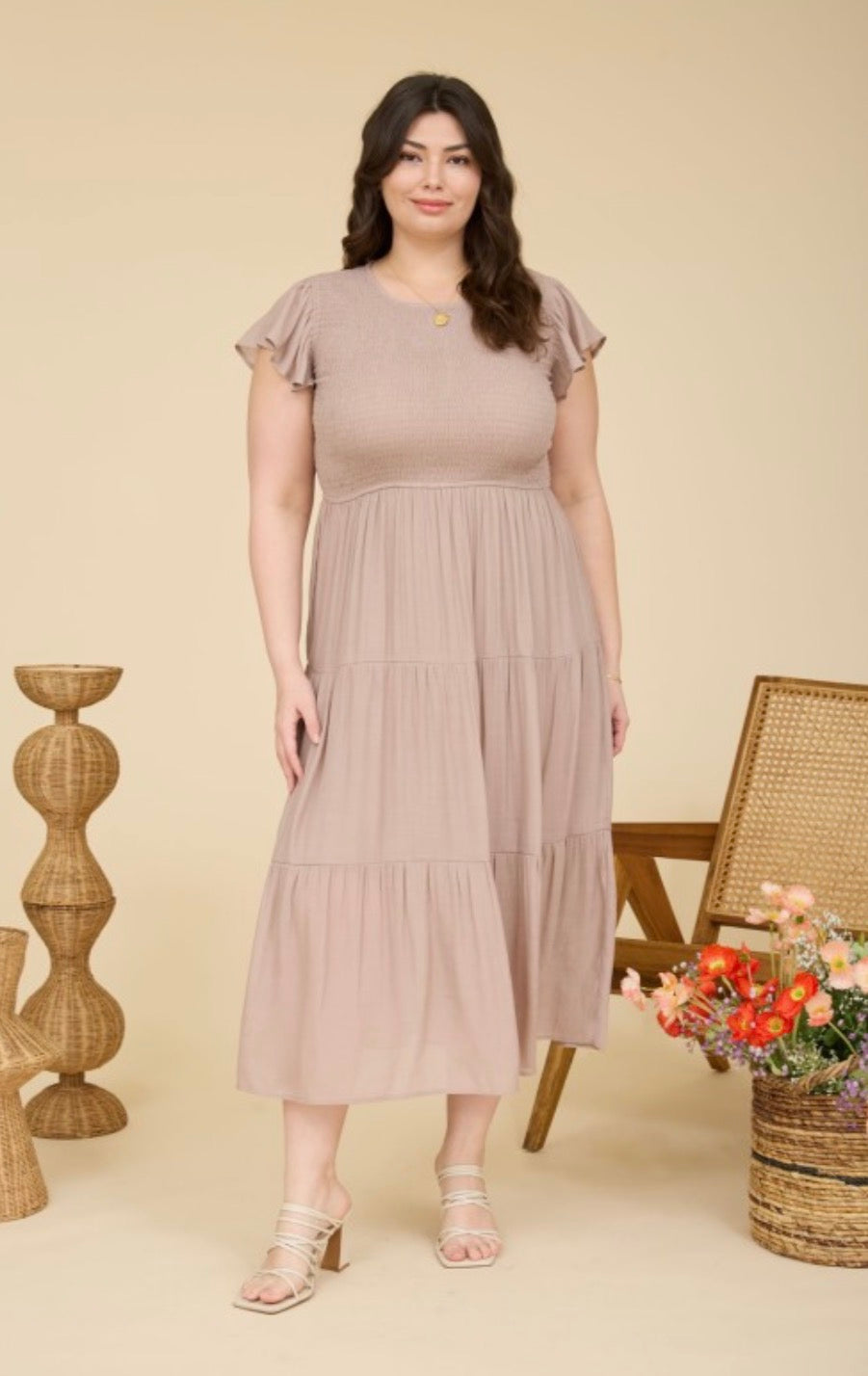 Short Sleeve Smocked Midi Dress