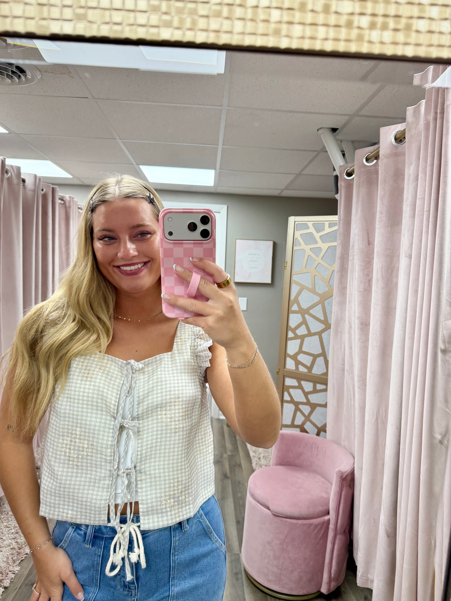 Embroidered Gingham Tie Front Top