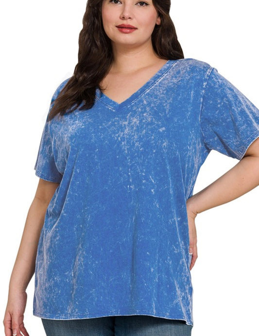 Washed Short Sleeve V Neck Tee