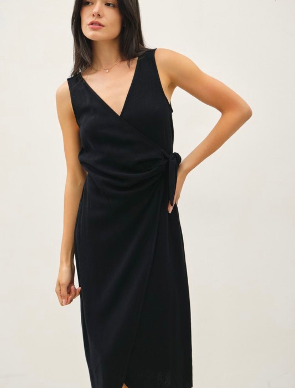 Linen Blend Wrap Midi Dress