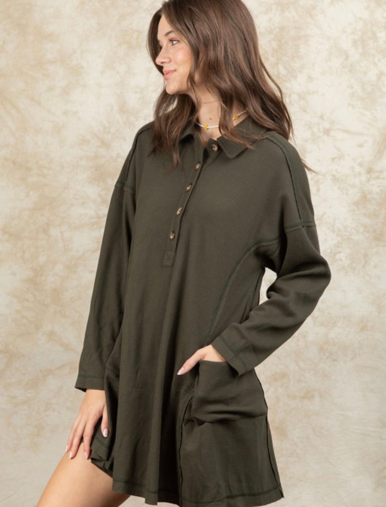 Collar Henley Long Sleeve Dress