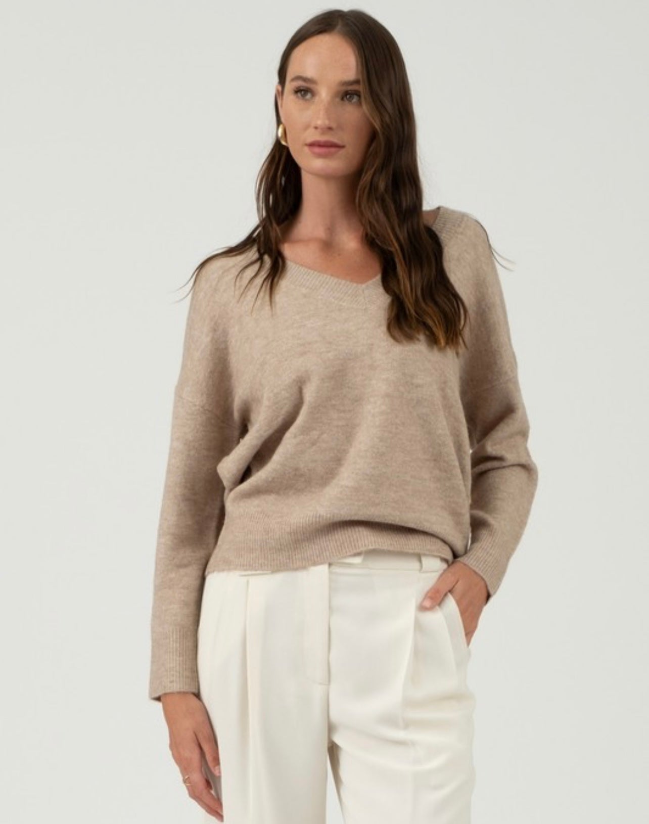 Solid V Neck Drop Shoulder Sweater