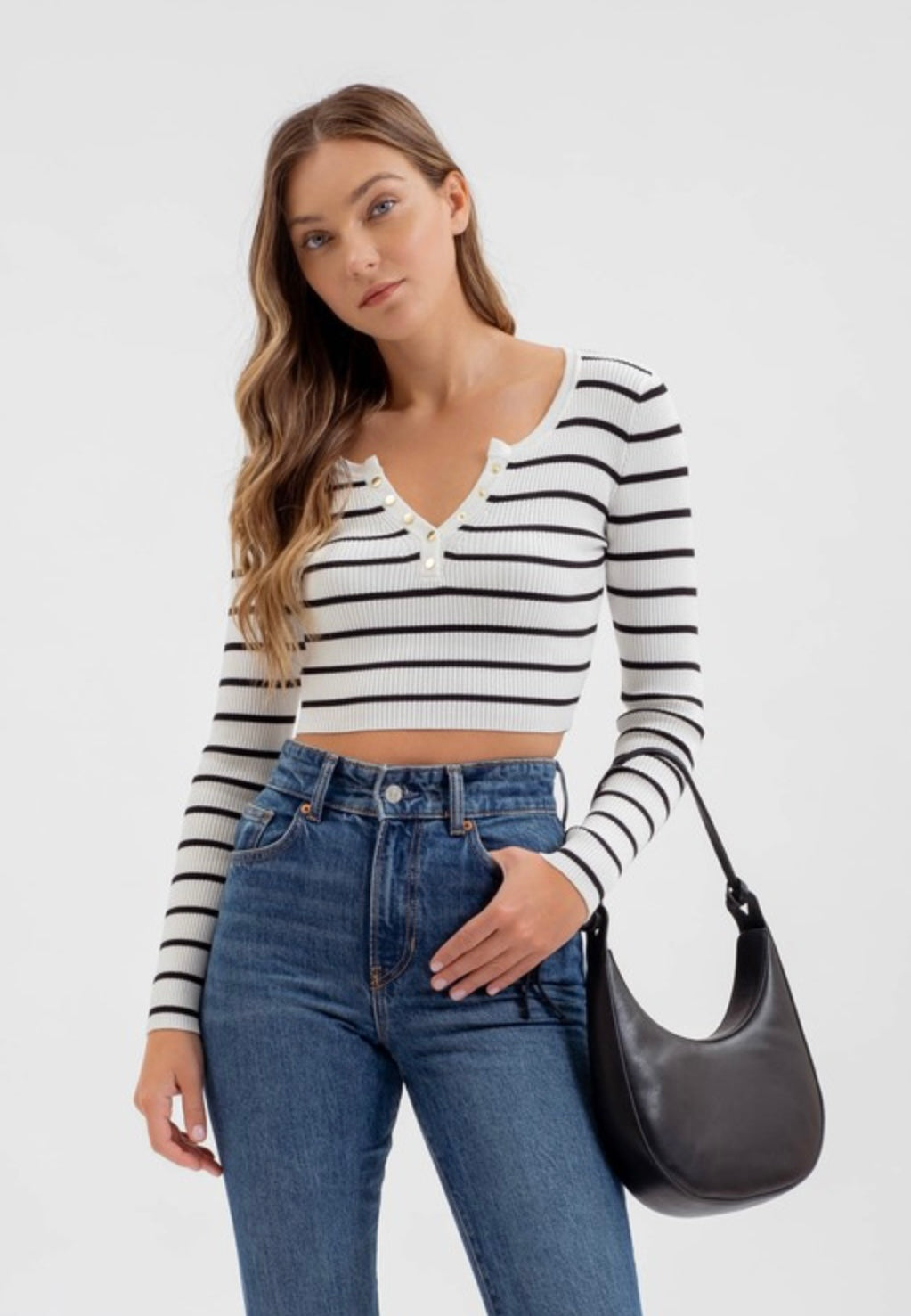 Stripe Henley Knit Crop Top