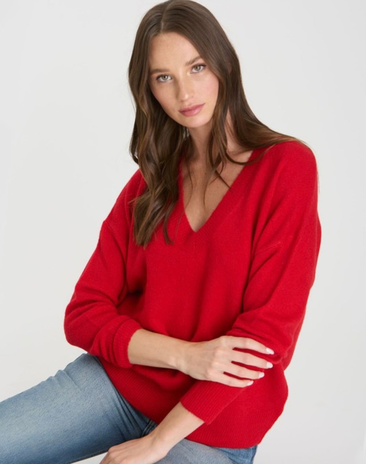 Solid V Neck Drop Shoulder Sweater