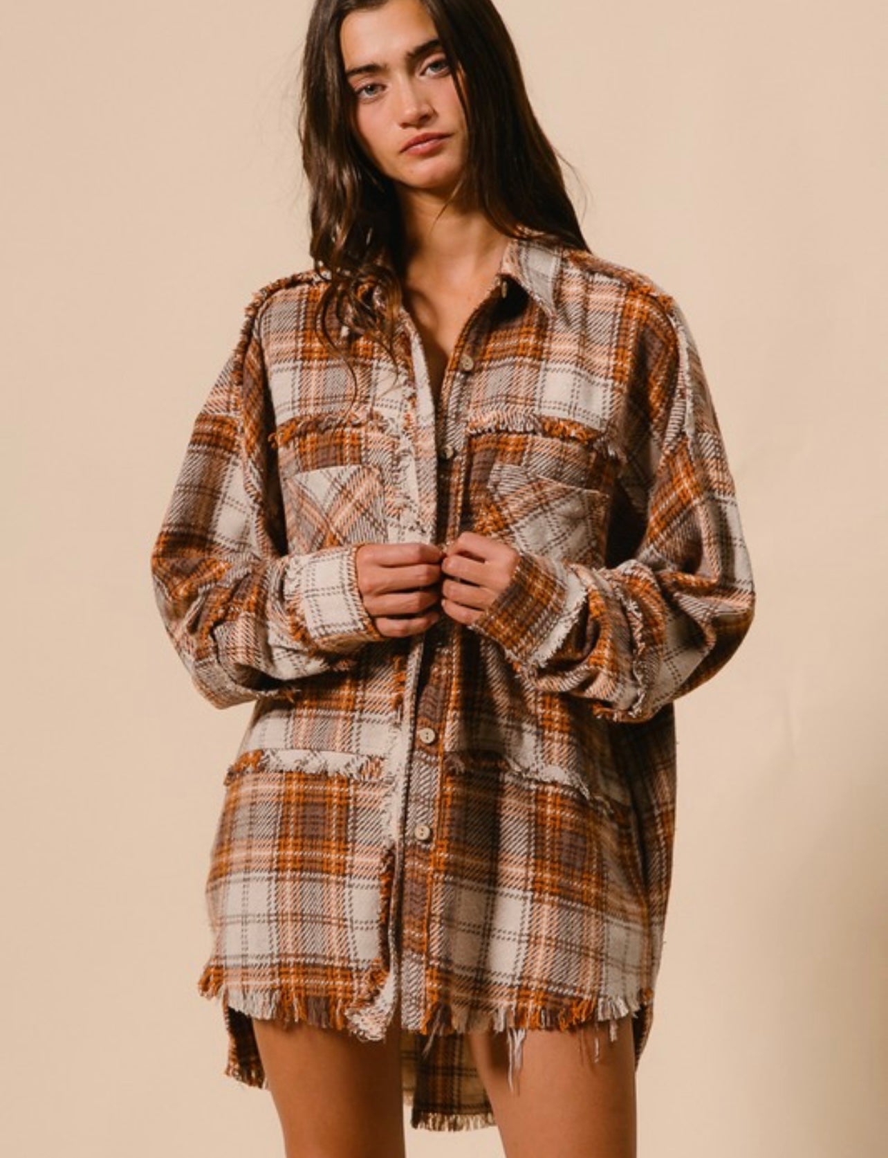 Checked Woven Frayed Shacket