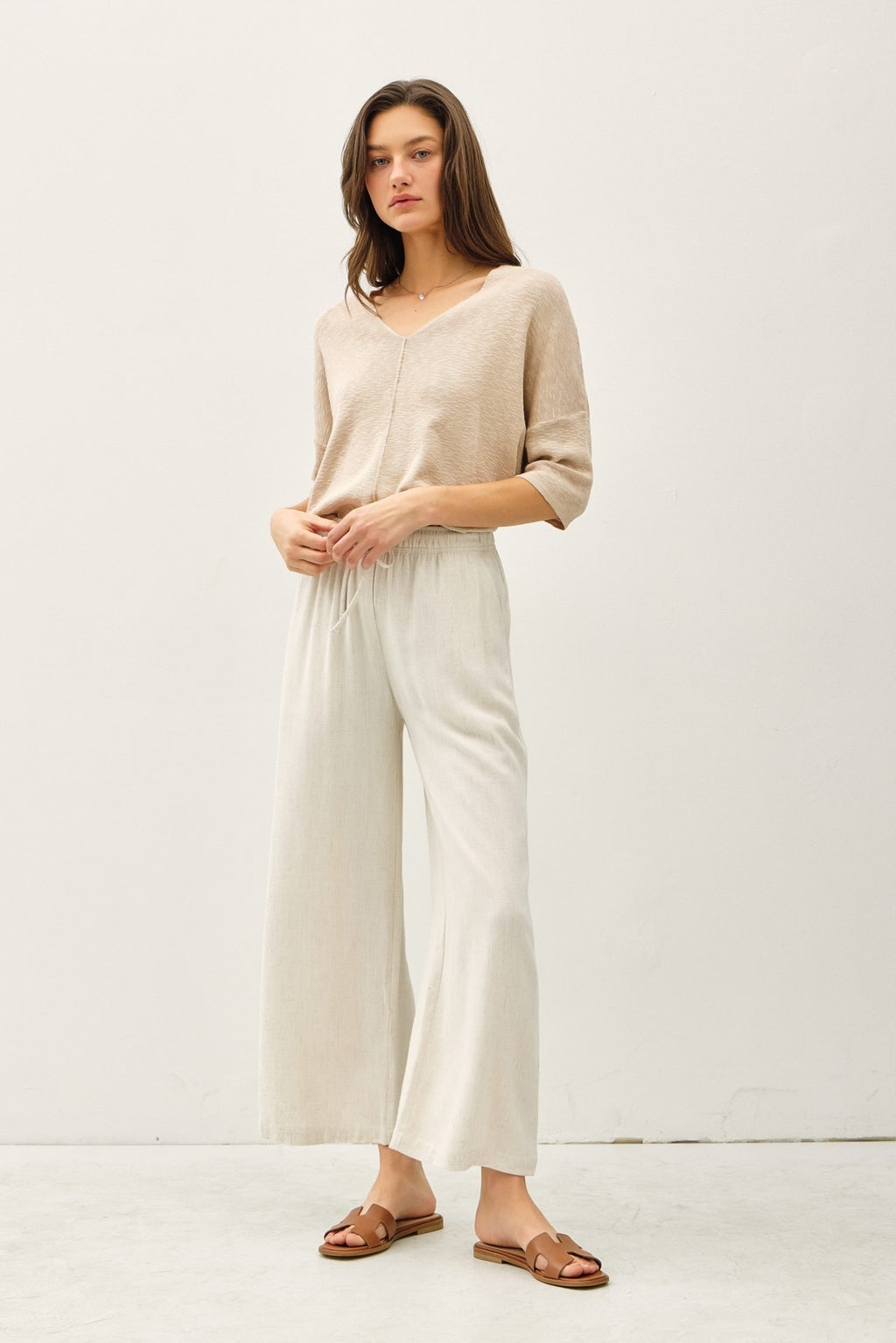 Linen Blend Cropped Wide Leg Pant