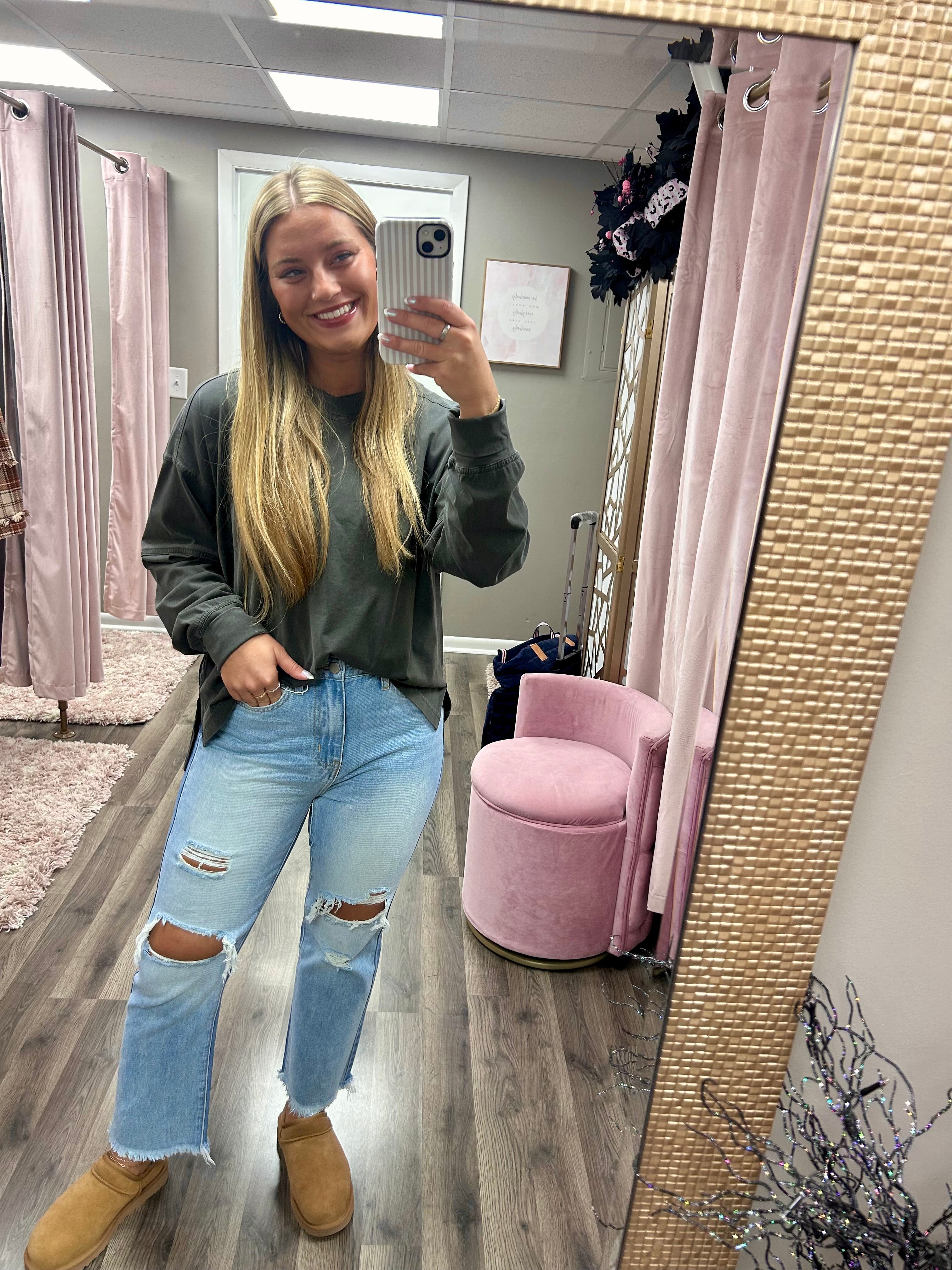 Bayeas Distressed High Rise Straight Leg Jean