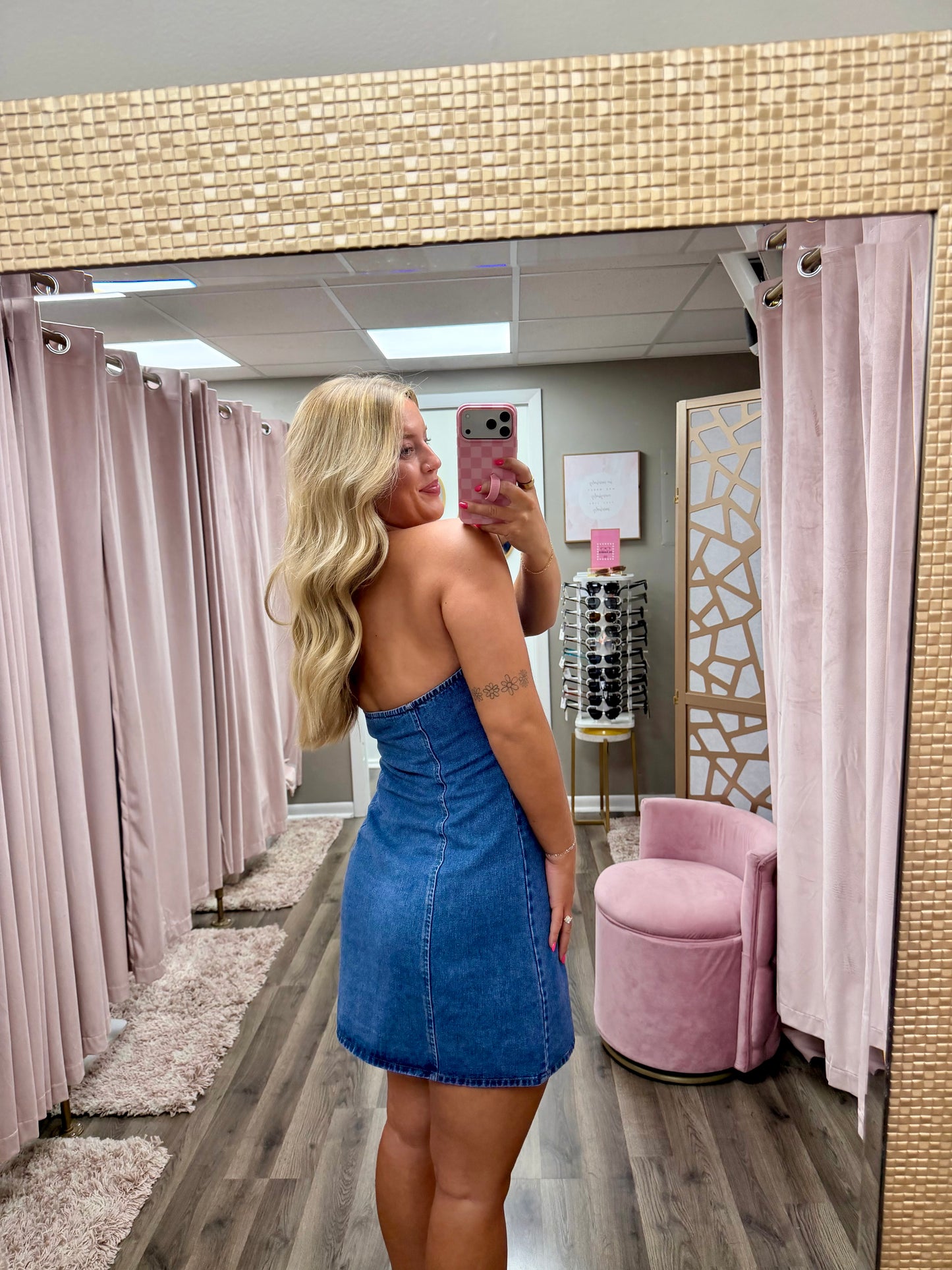 Button Front Halter Denim Mini Dress