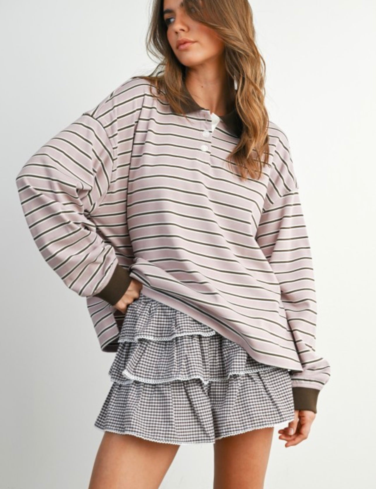 Quarter Button Stripe Long Sleeve