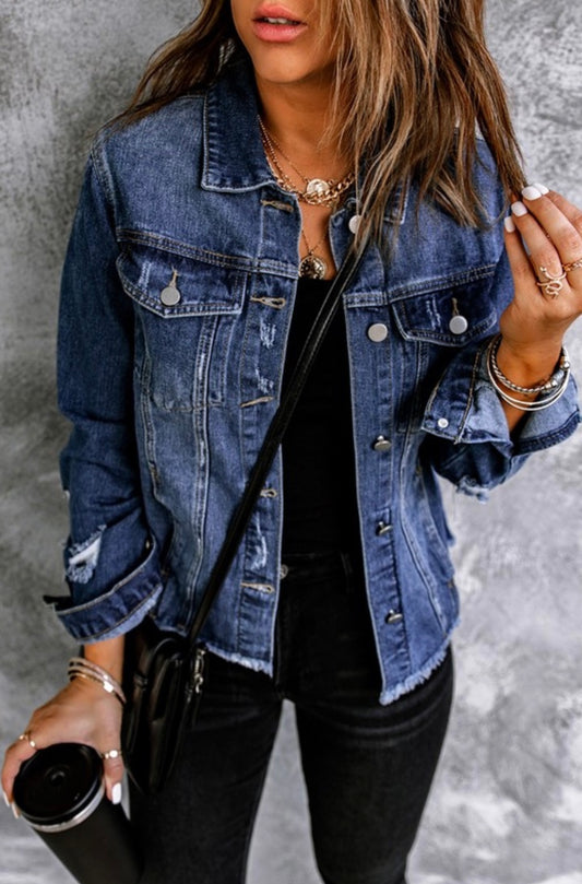 Distressed Raw Hem Denim Jacket