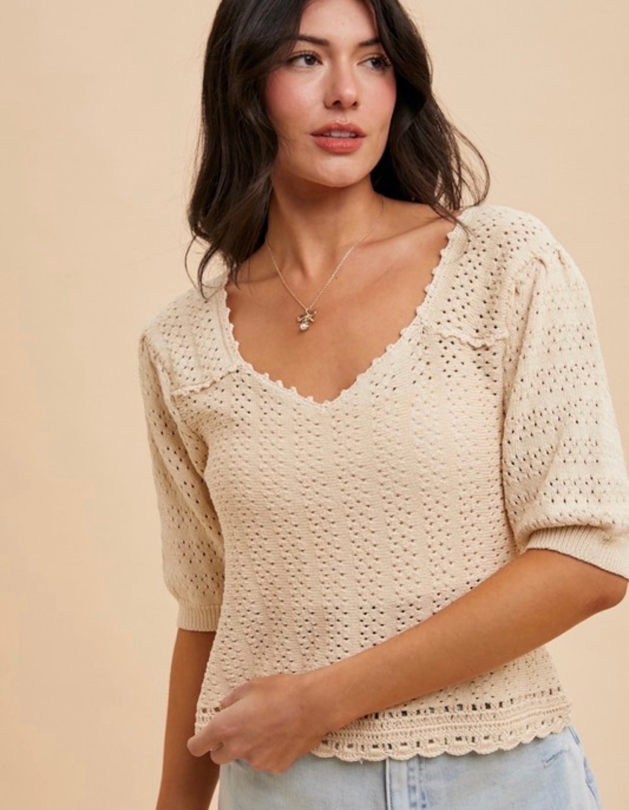 1/2 Sleeve Pointelle Top