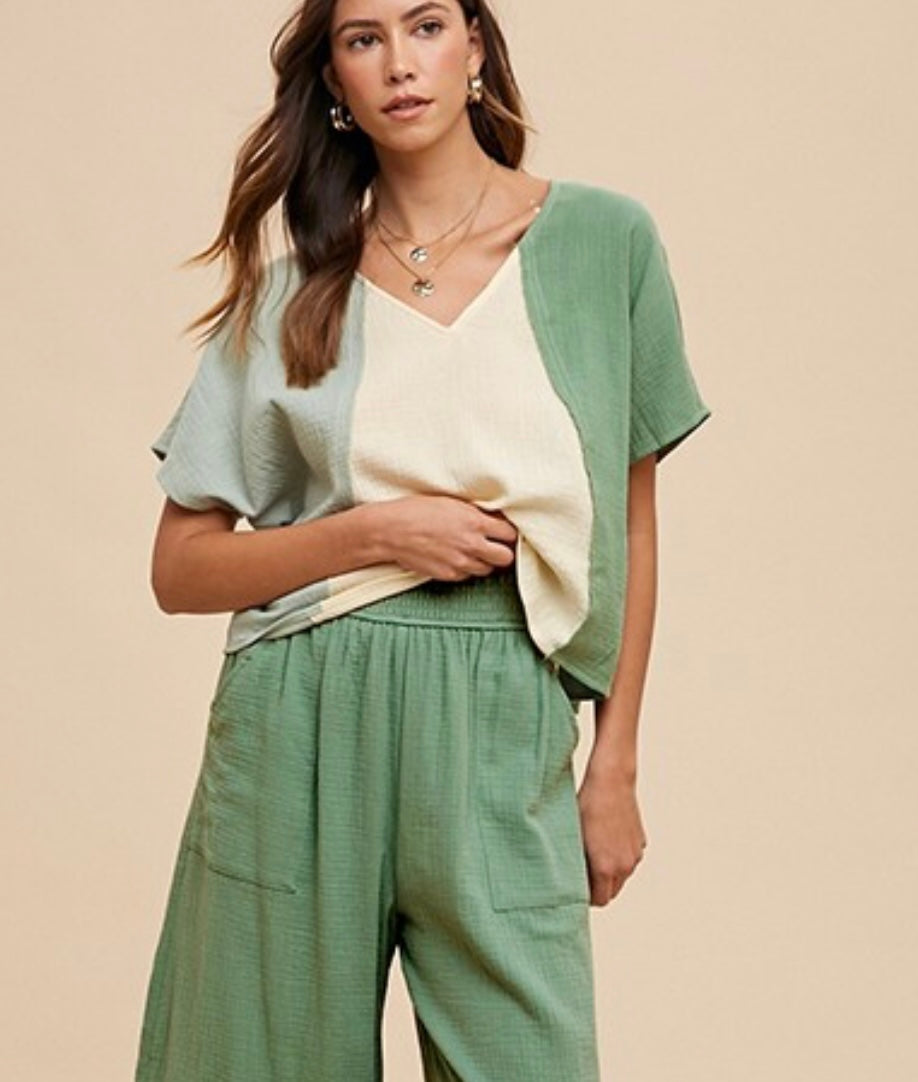 Colorblock Gauze Cotton Top