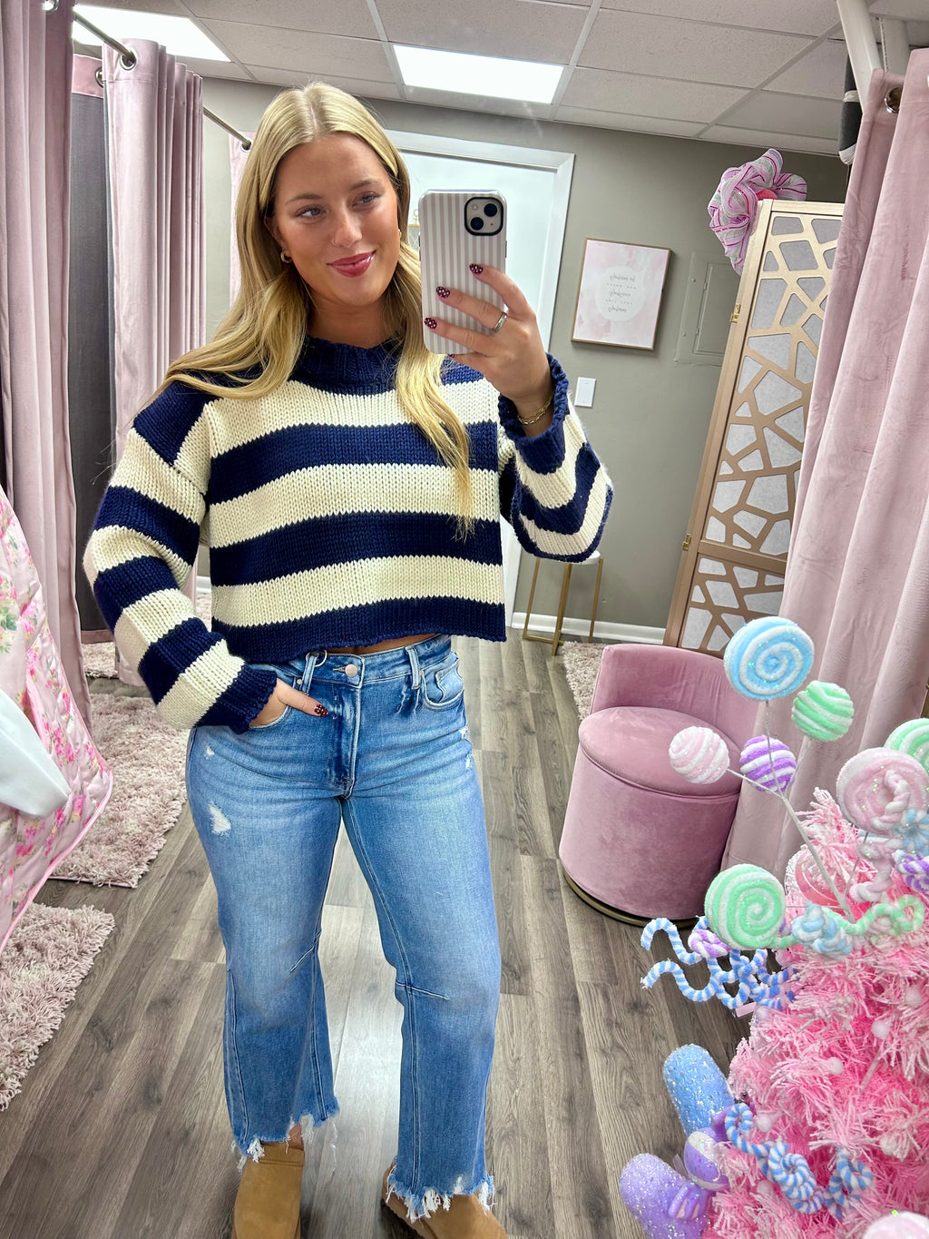 Risen High Rise Distressed Hem Straight Jean