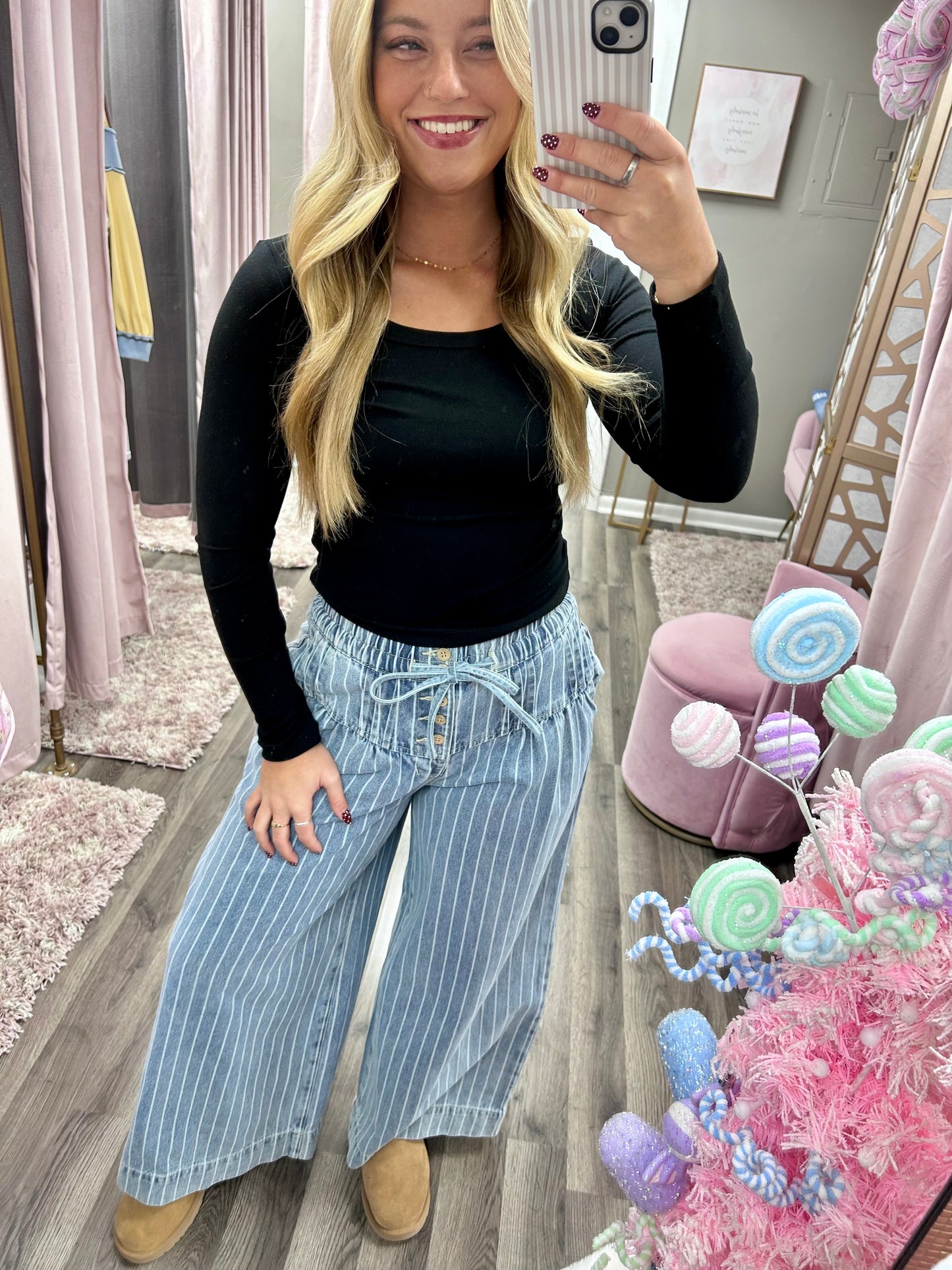 Striped Denim Pin Tuck Pant