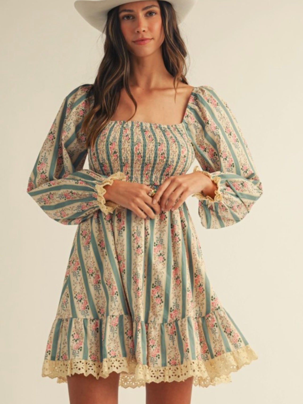 Floral Smocked Lace Detail Dress