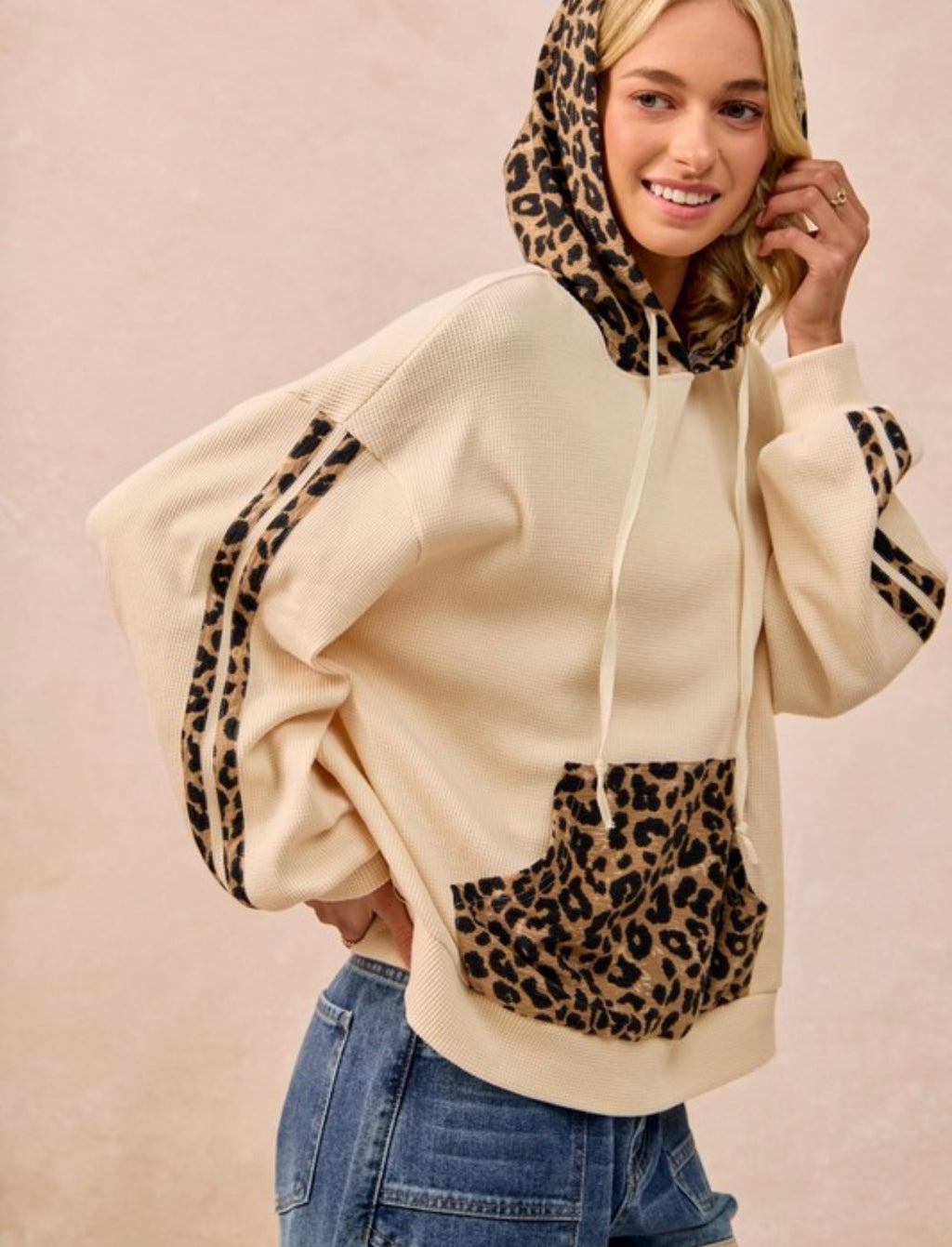 Waffle Leopard Pocket Hoodie Top