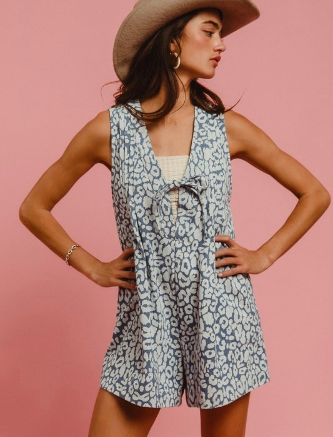 Leopard Washed Denim Romper