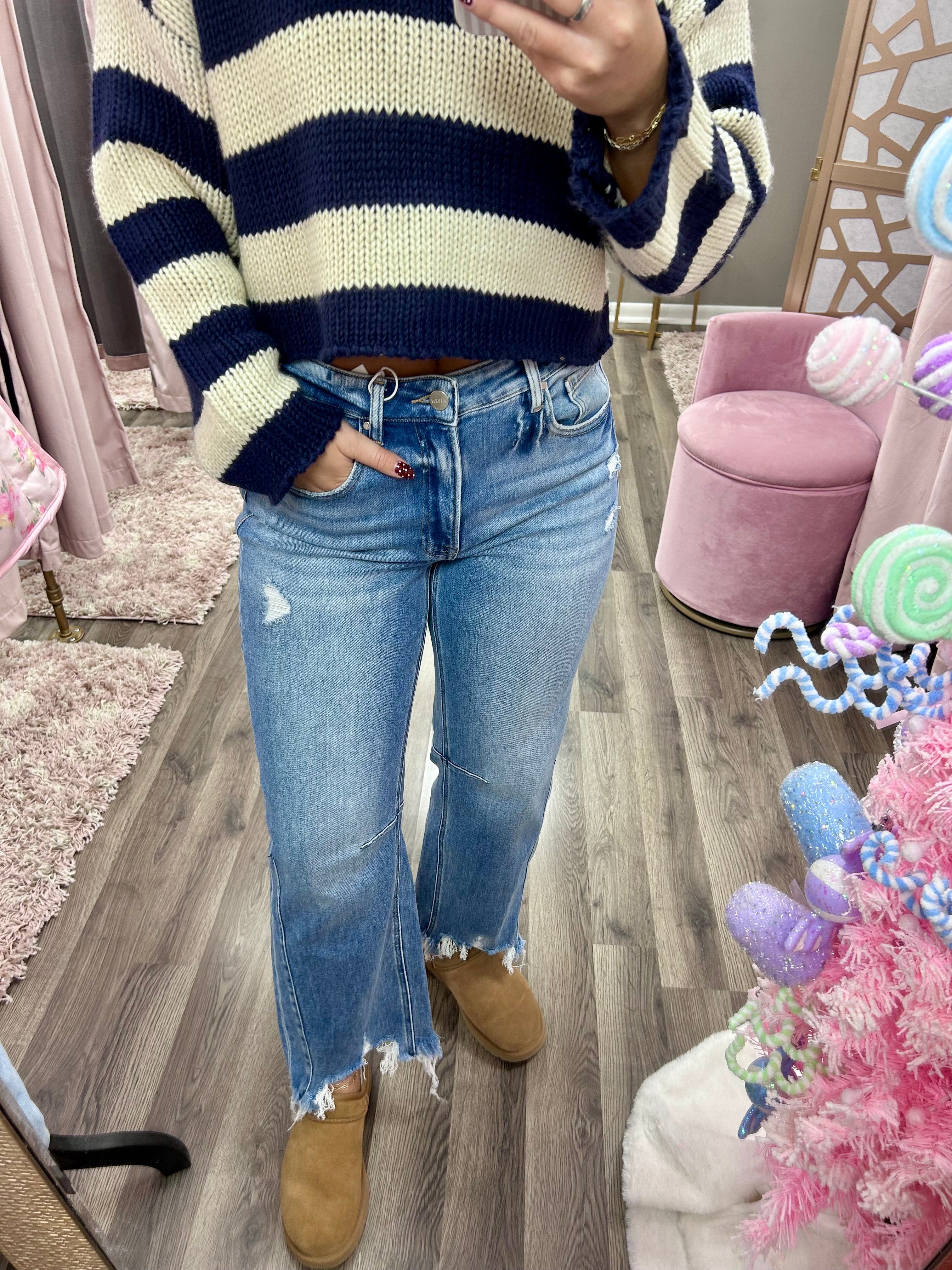 Risen High Rise Distressed Hem Straight Jean