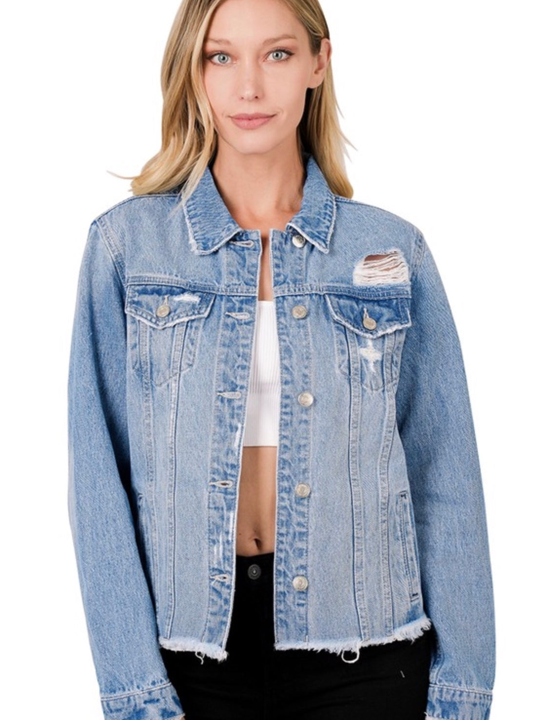 Distressed hem denim jacket