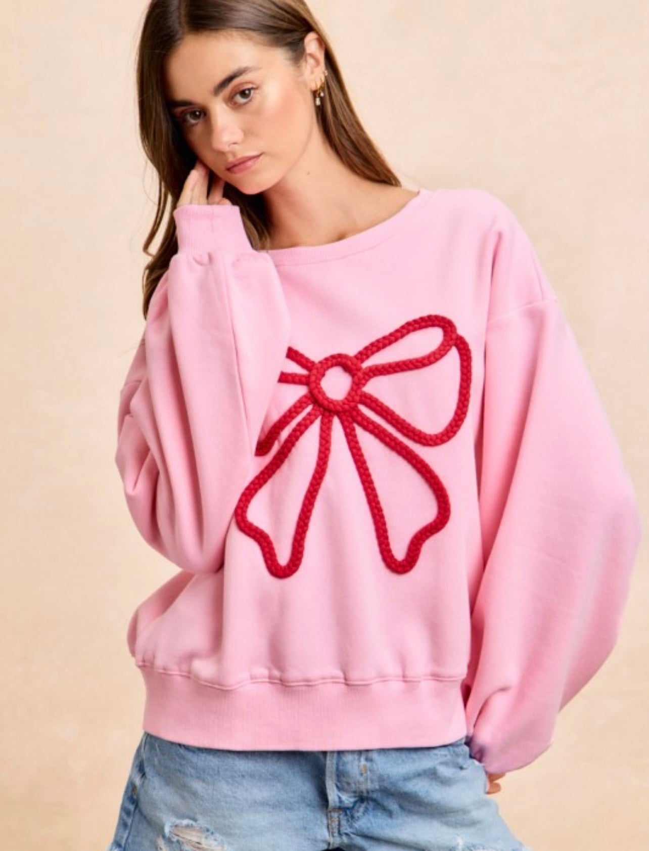 Bow Braid Terry Long Sleeve Top