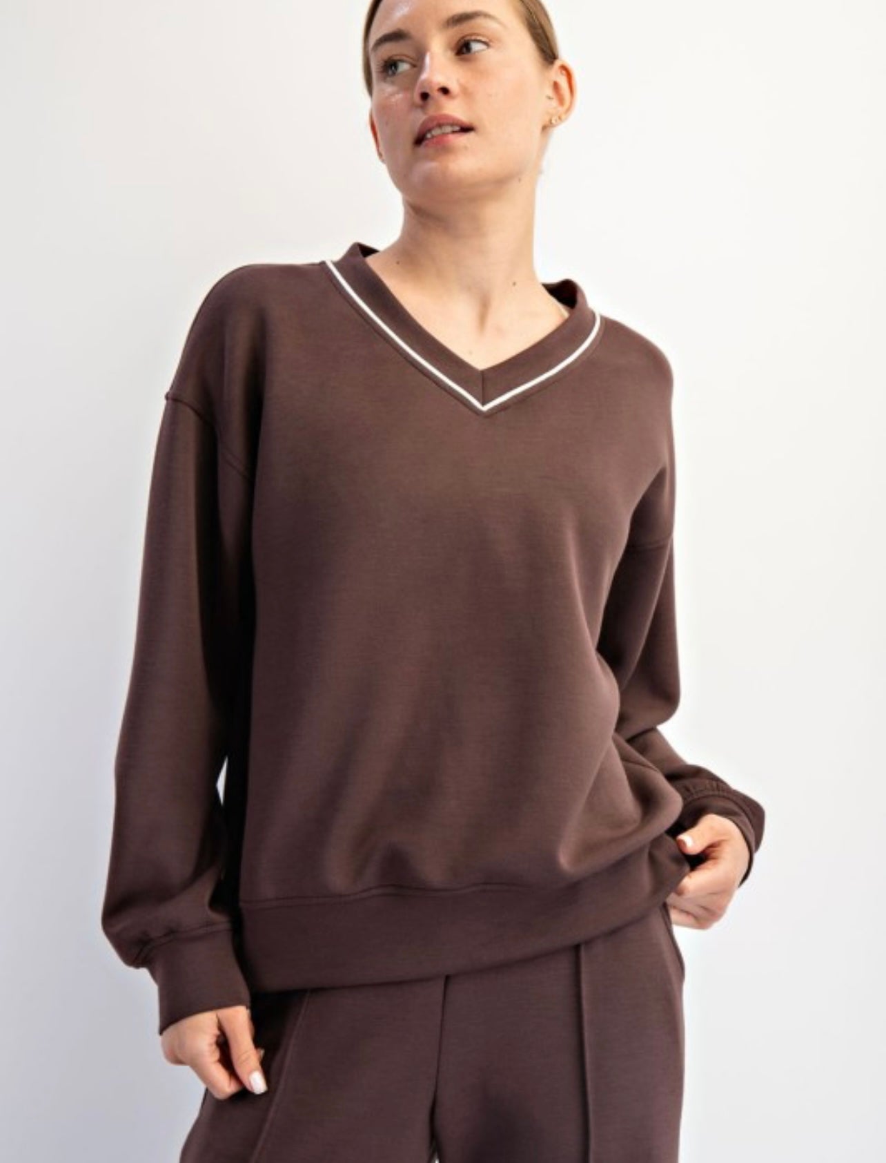 Poly Piping V Neck Top