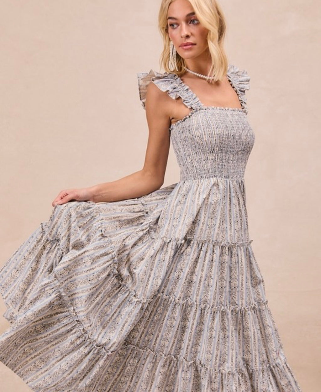 Floral Printed Shirred Sleeveless Dress