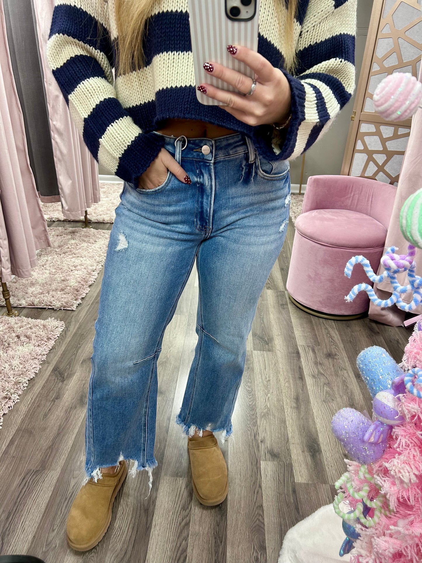 Risen High Rise Distressed Hem Straight Jean