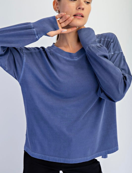 Pigment Washed V Neck Long Sleeve