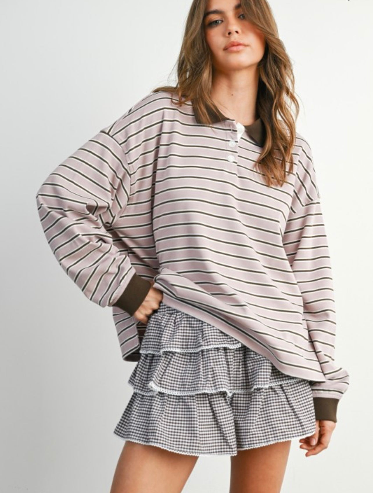 Quarter Button Stripe Long Sleeve