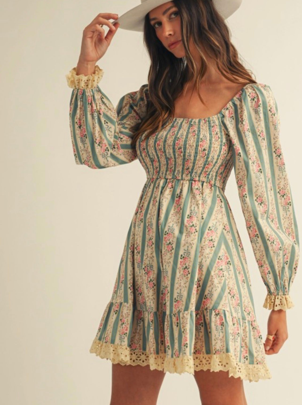 Floral Smocked Lace Detail Dress