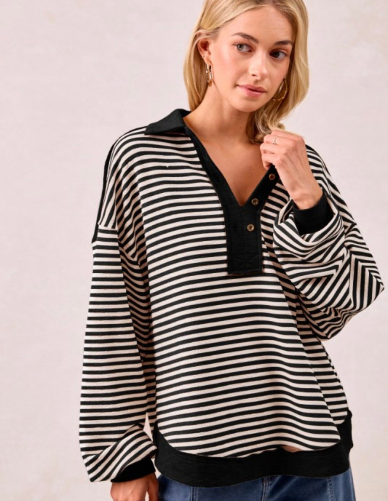 Slub Knit Stripe Collared Top