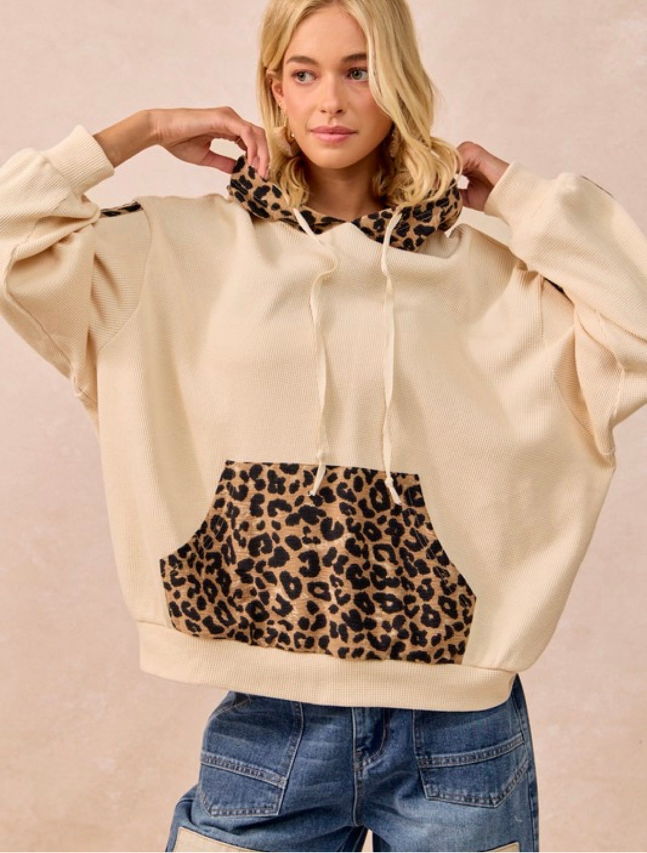 Waffle Leopard Pocket Hoodie Top