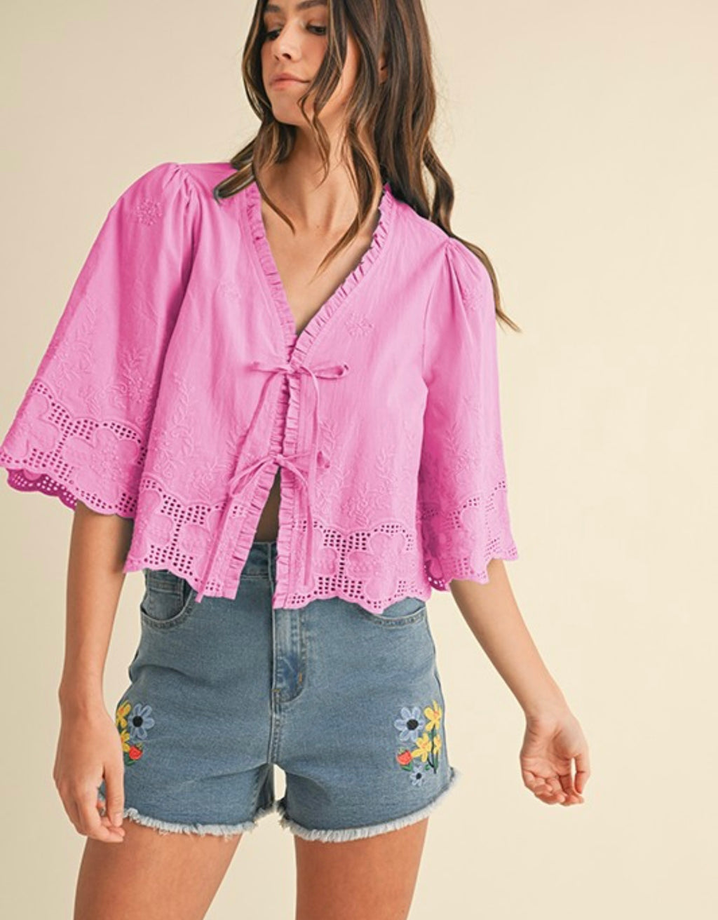 Floral Embroidered Tie Front Blouse