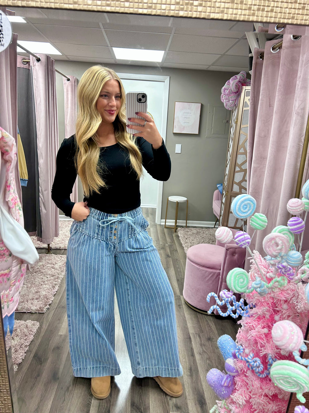 Striped Denim Pink Tuck Pant